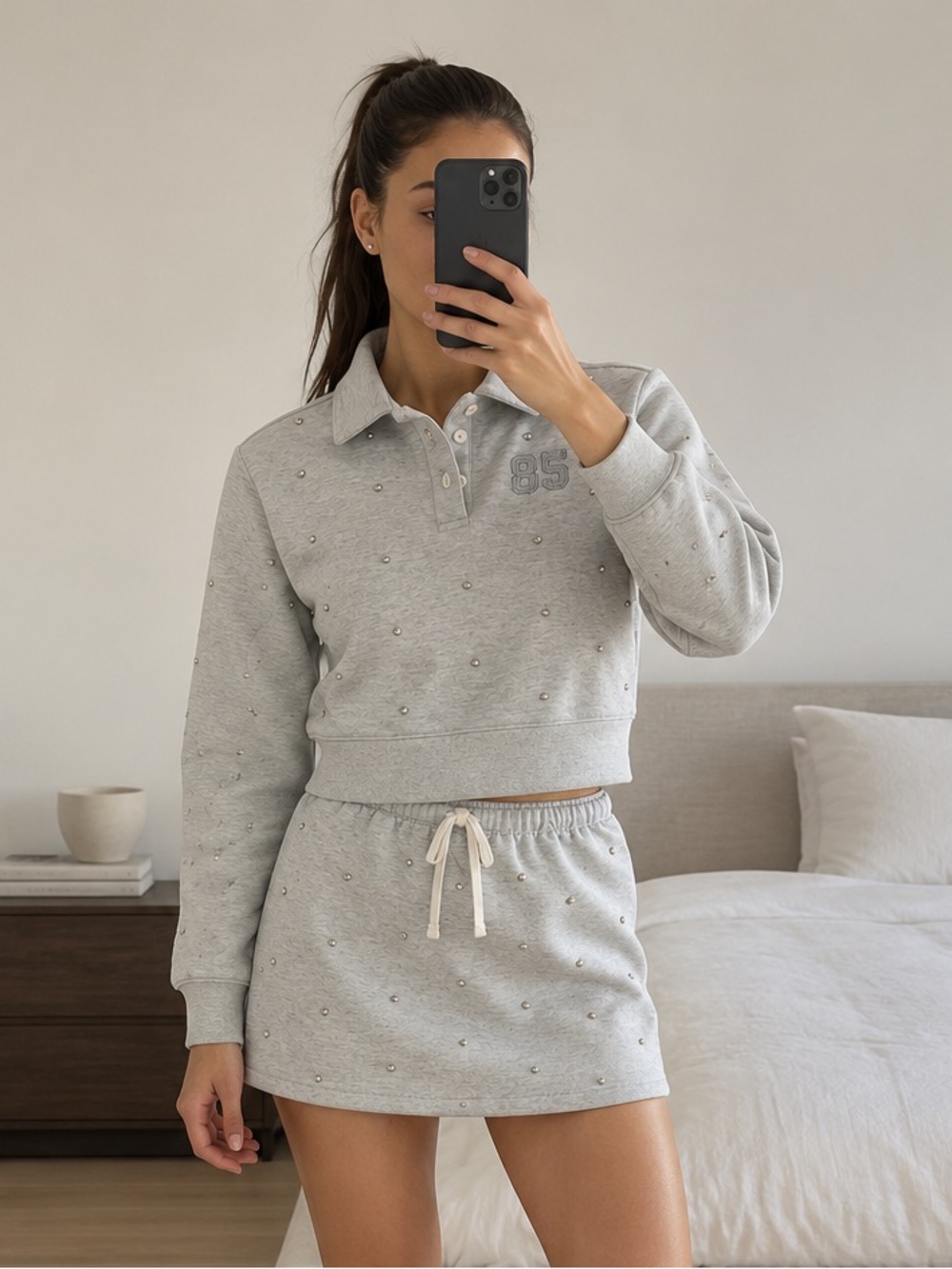H&M Divided Embellished Scuba Rugby Shirt & Rhinestone Mini Skirt Set Gray S